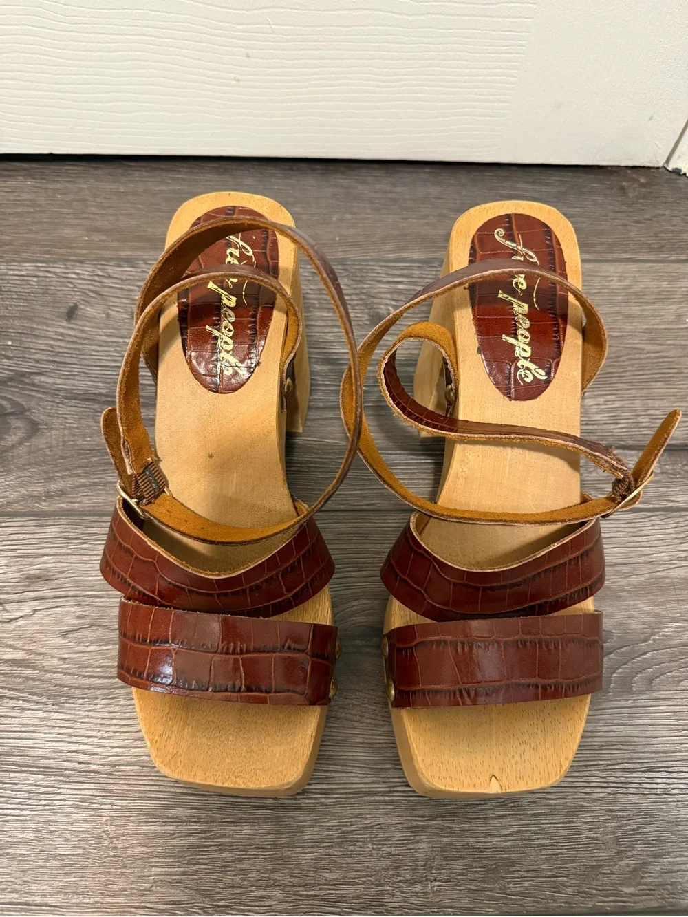 Free People Brown Leather Wood Platform Sandals Size 39